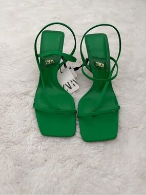 Zara Bright Green Square-Toe Strappy Heels